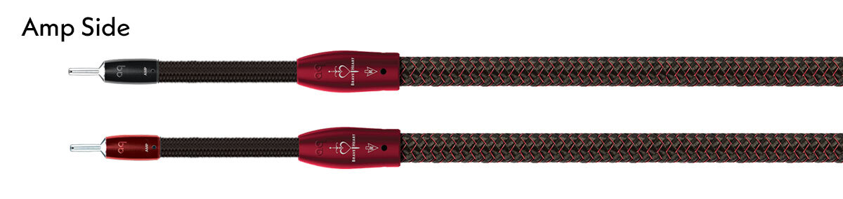 Amplifier-side termination of the AudioQuest BraveHeart speaker cable with high-quality connectors